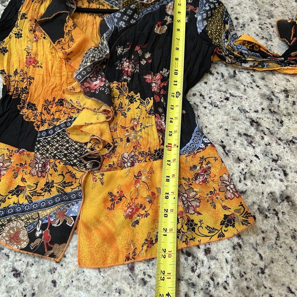 Jaipur Y2K witchy‎ fairycore magical Gold Crepe Floral Ruffle Blouse top Pleat S - Picture 6 of 9